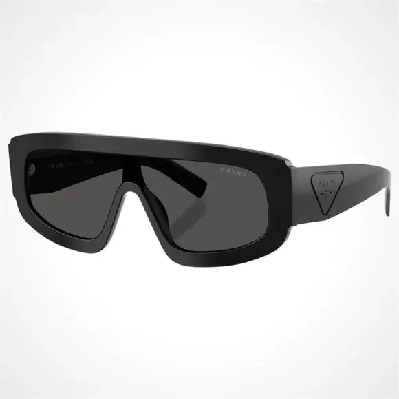 New PRADA Sunglasses Black Shield Mask Triangle Logo Grey Lens - Picture 1 of 5